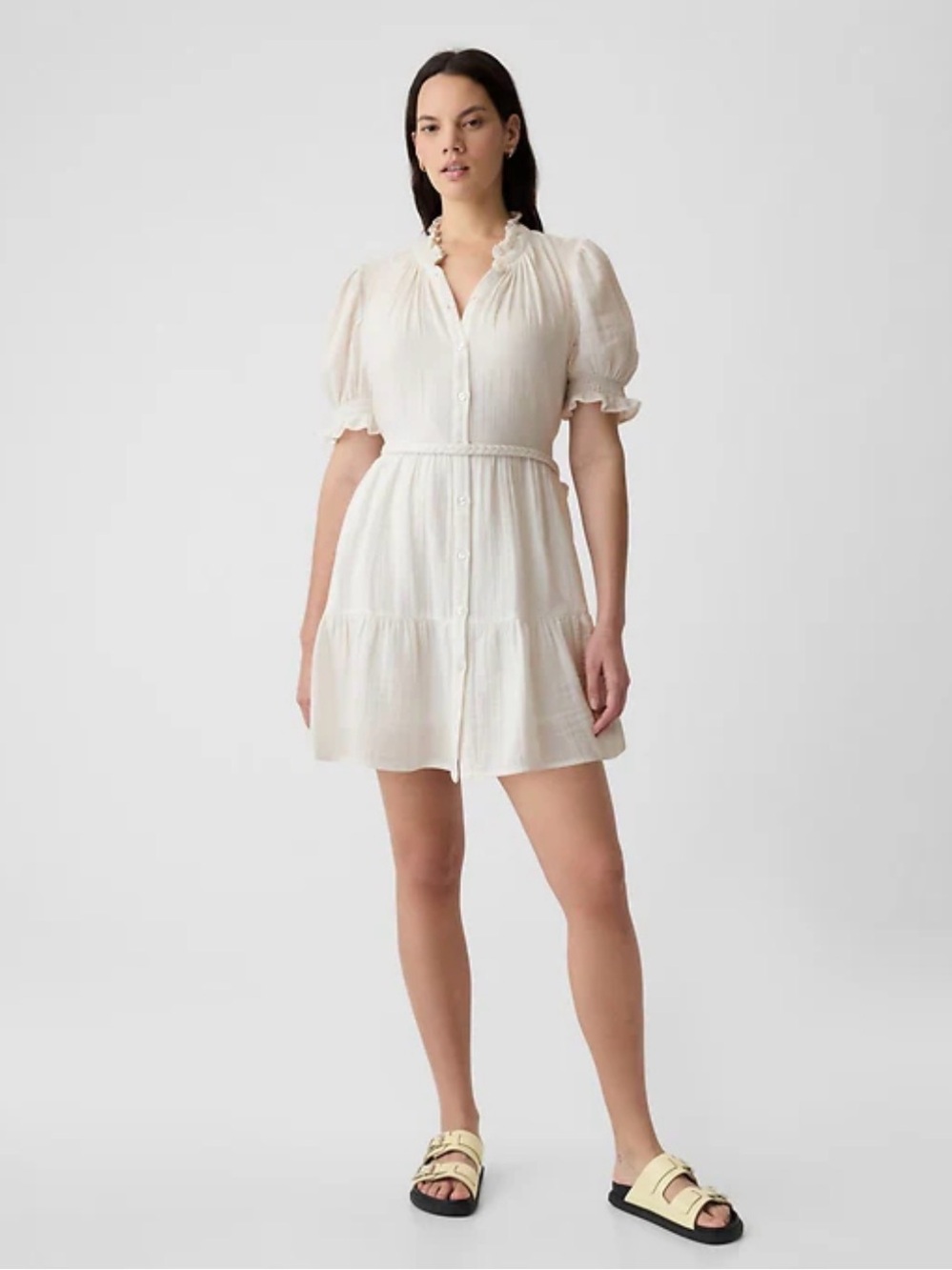 GAP Cream Button-Front Puff Sleeve Mini Dress